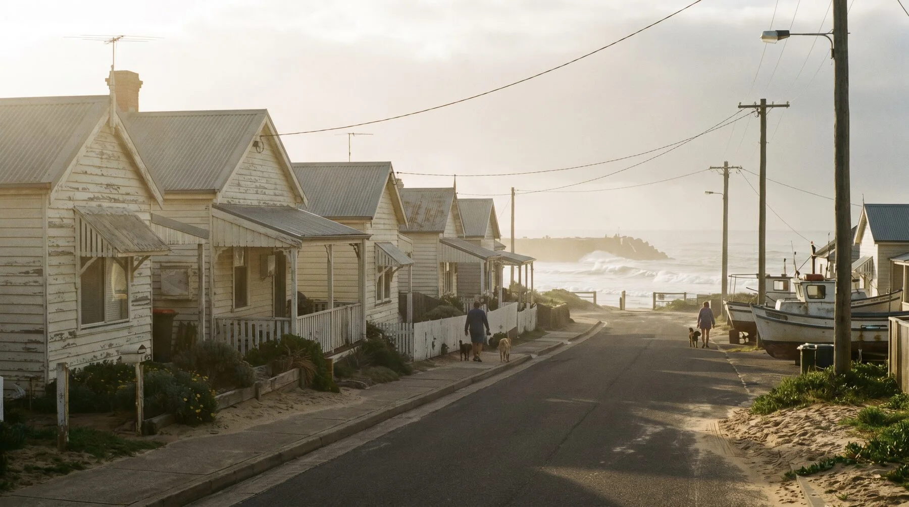 Weatherboard cottages near the ocean at Stockton in morning light