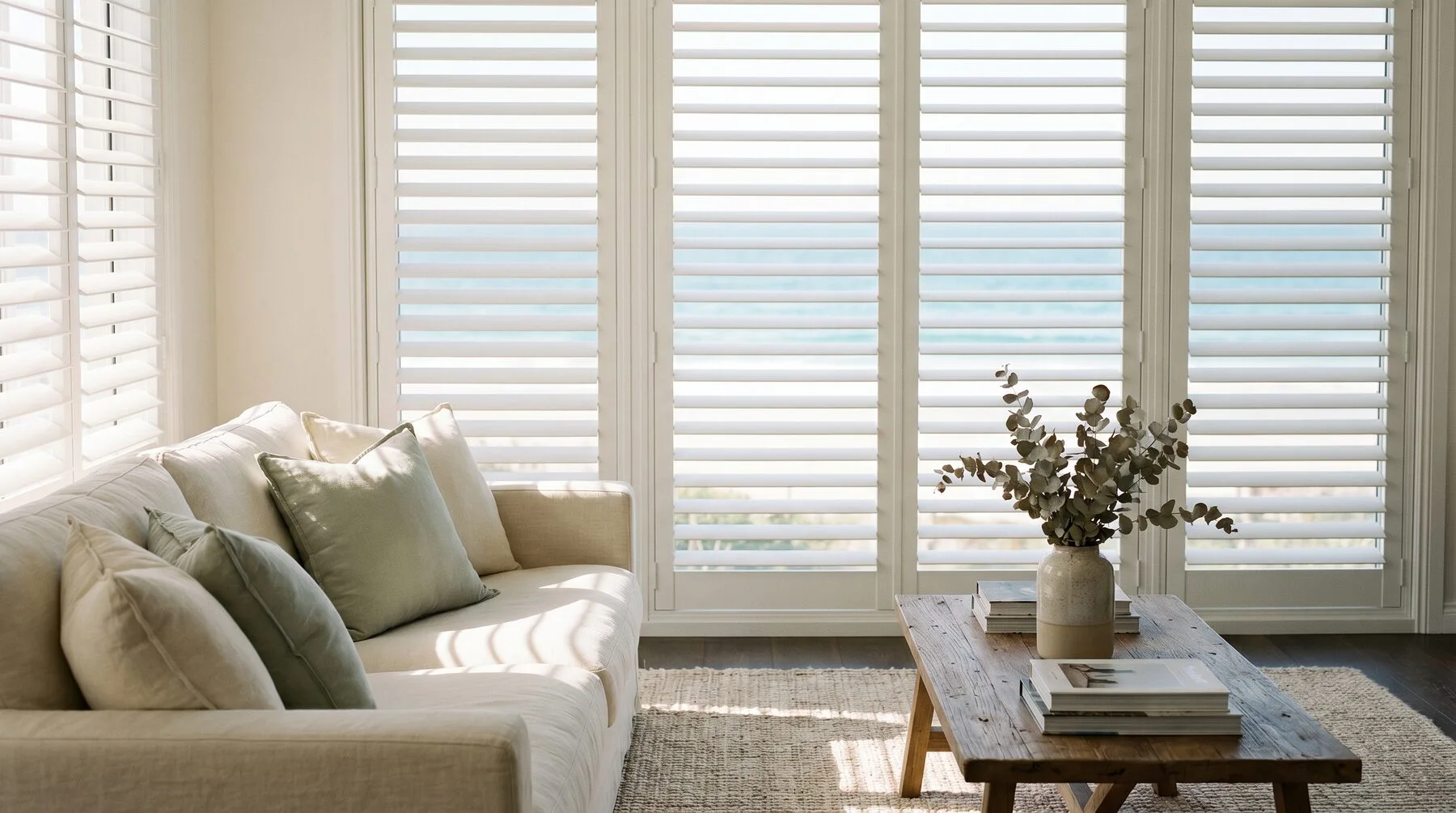 Aluminium plantation shutters filtering strong sea light in a coastal living room