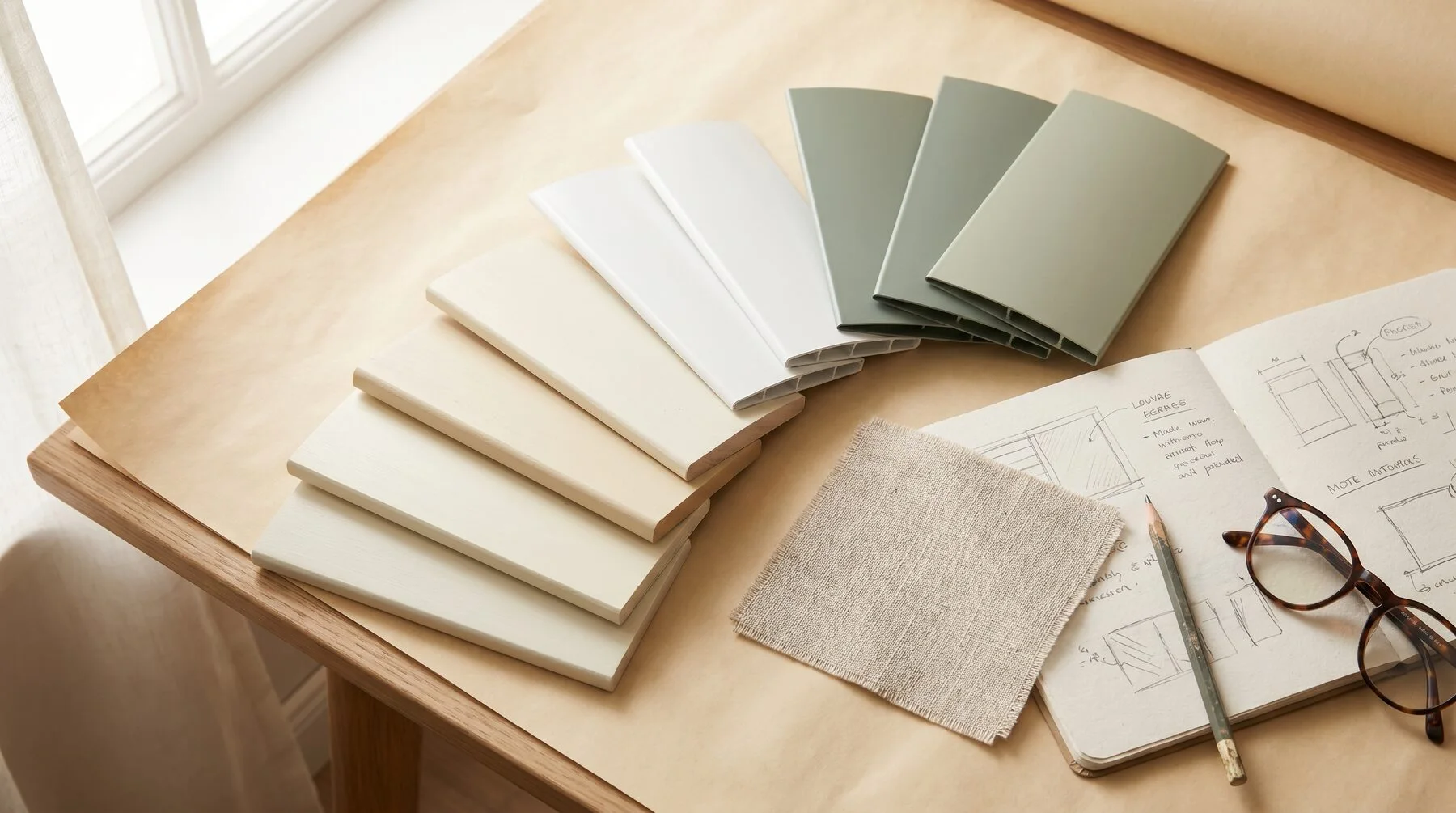 Louvre samples in timber, PVC and aluminium fanned across a studio desk
